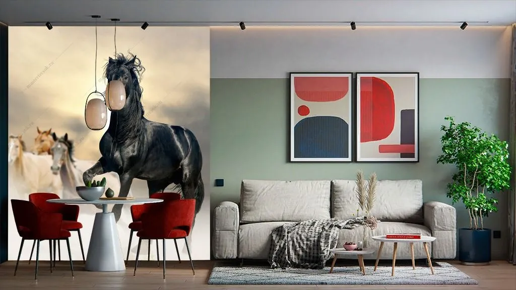 Фотообои в интерьере конь черный  9-1771 фото