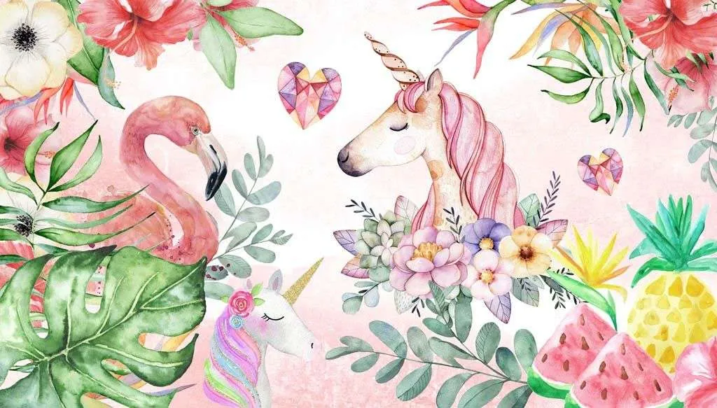 Фотообои в интерьере фламинго и единорог  12-1207 фото