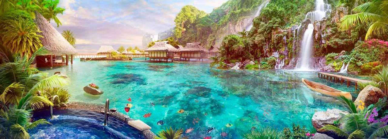 Фотообои в интерьере тропическая лагуна с водопадами  11-052 фото