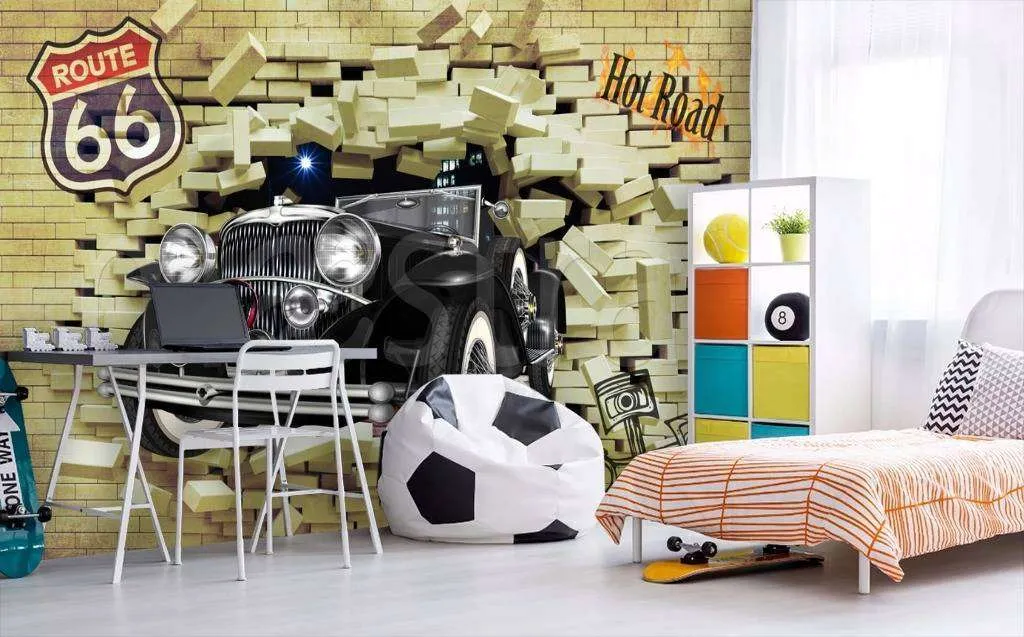 Фотообои в интерьере ретро автомобиль выезжает из стены  12-385 фото