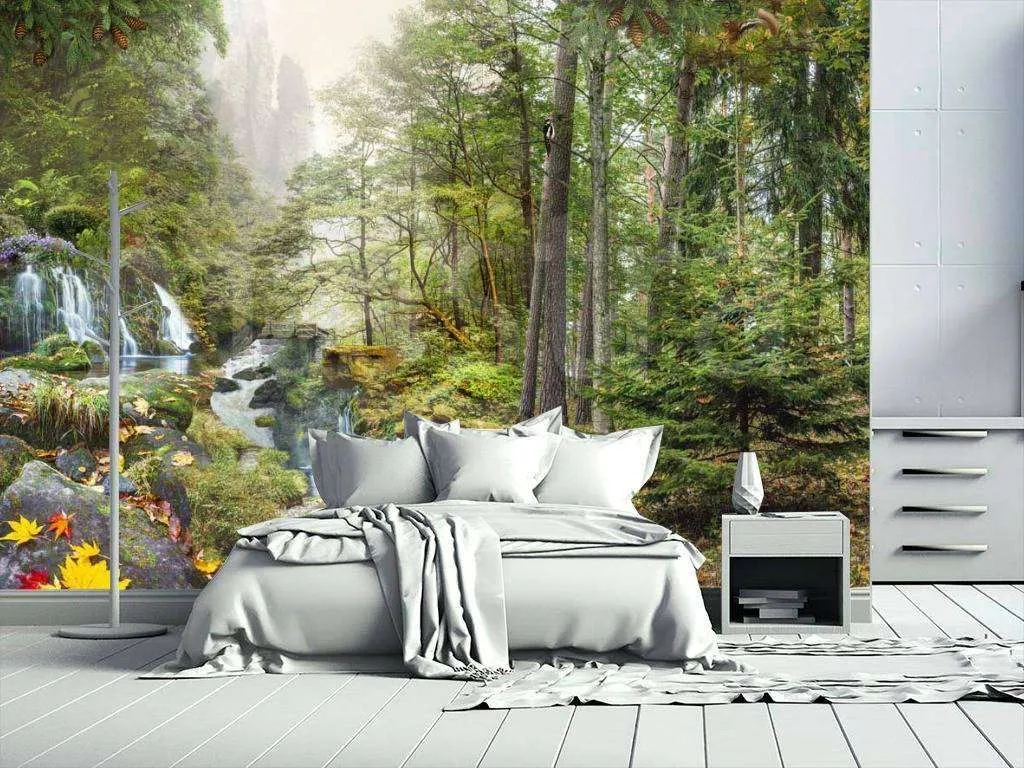 Фотообои в интерьере лес с водопадом под солнцем  7-250 фото