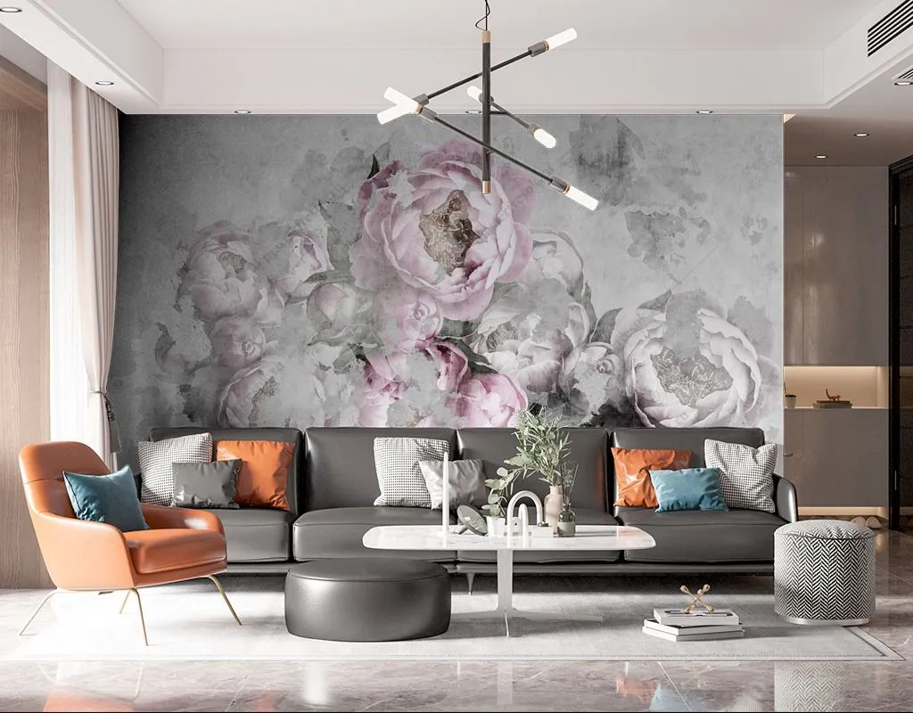 Фотообои в интерьере пионы на сером фоне  9-1605 фото
