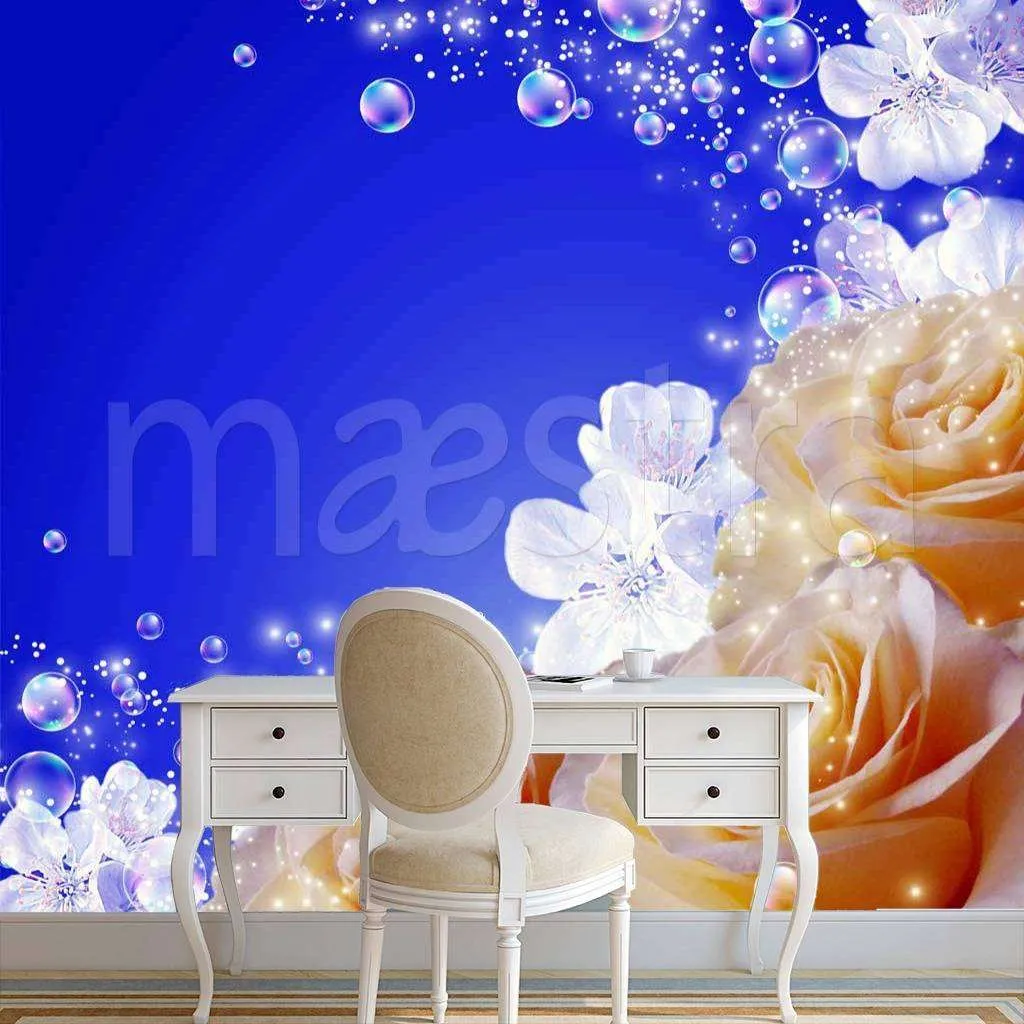 Фотообои Желтые розы на синем фоне  4-032