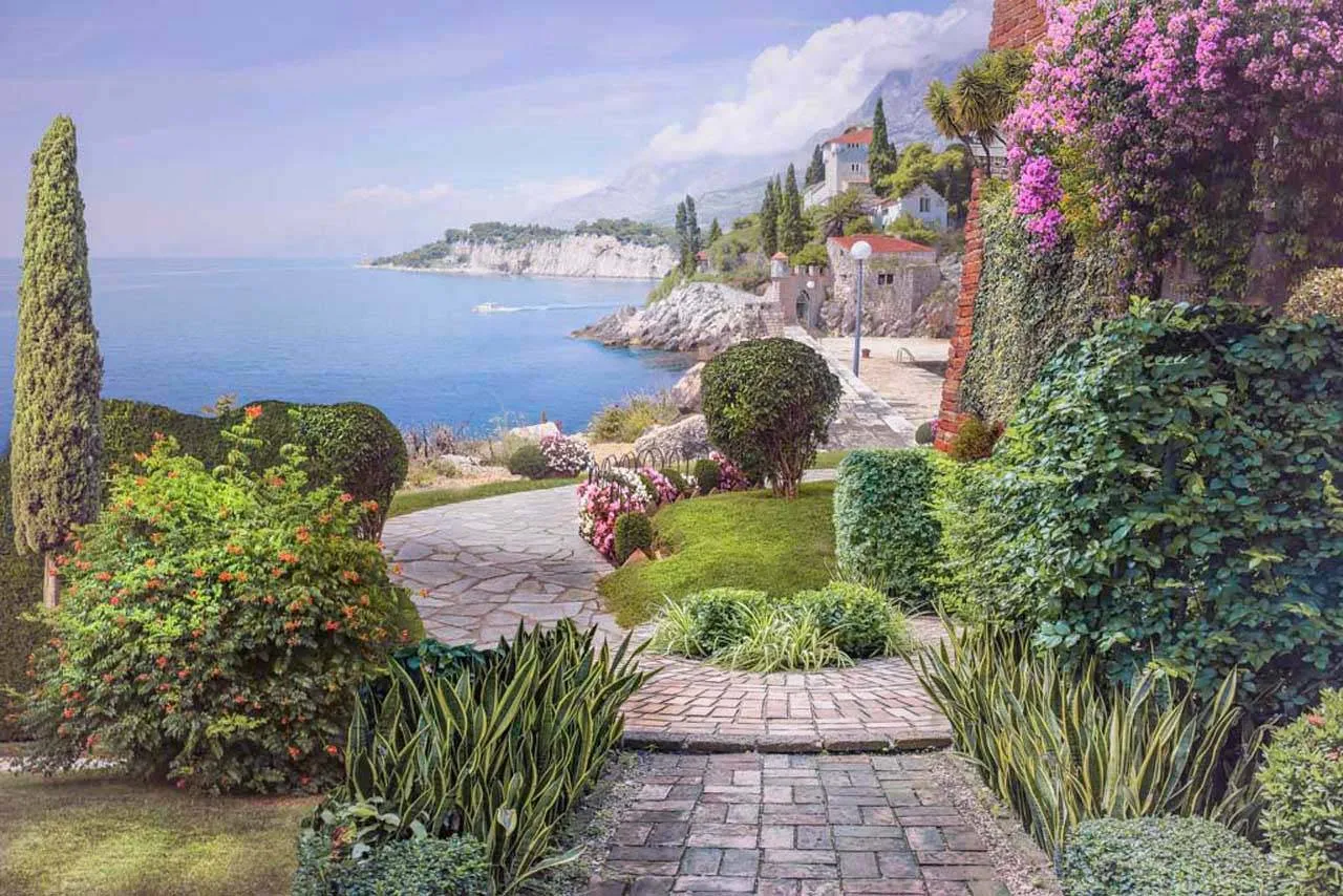 Фотообои в интерьере вид с террасы на морской берег  7-191 фото