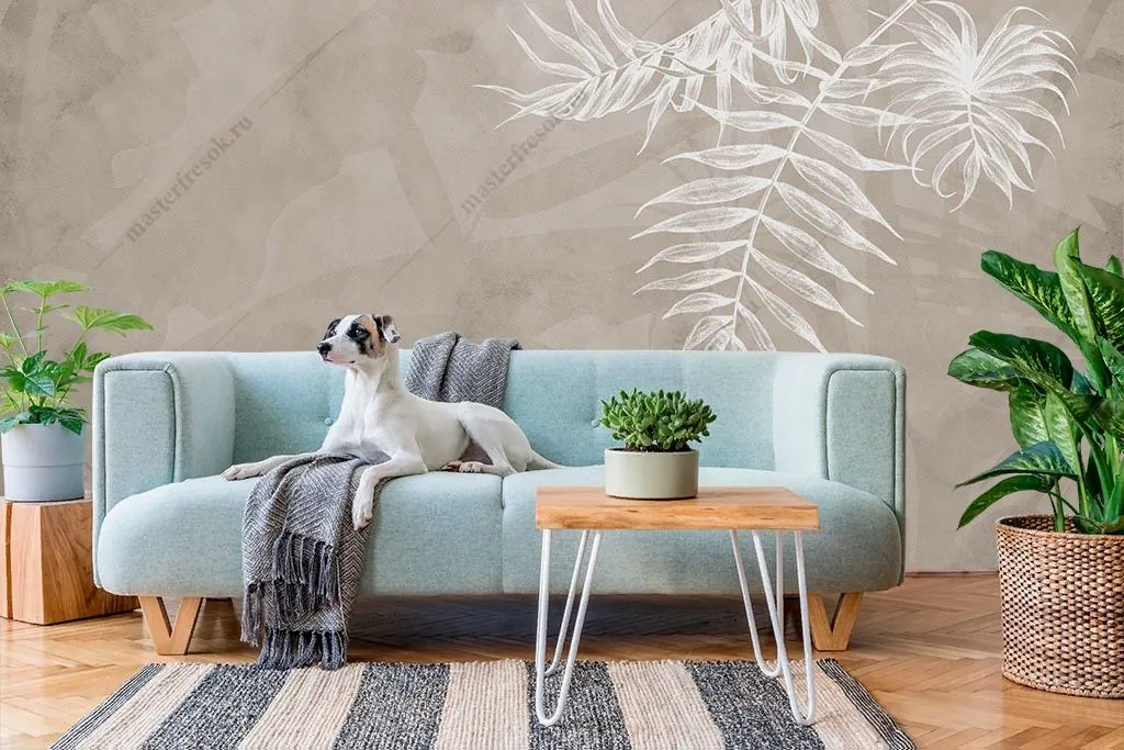 Фотообои в интерьере белые листья на кофейном фоне  14-322 фото