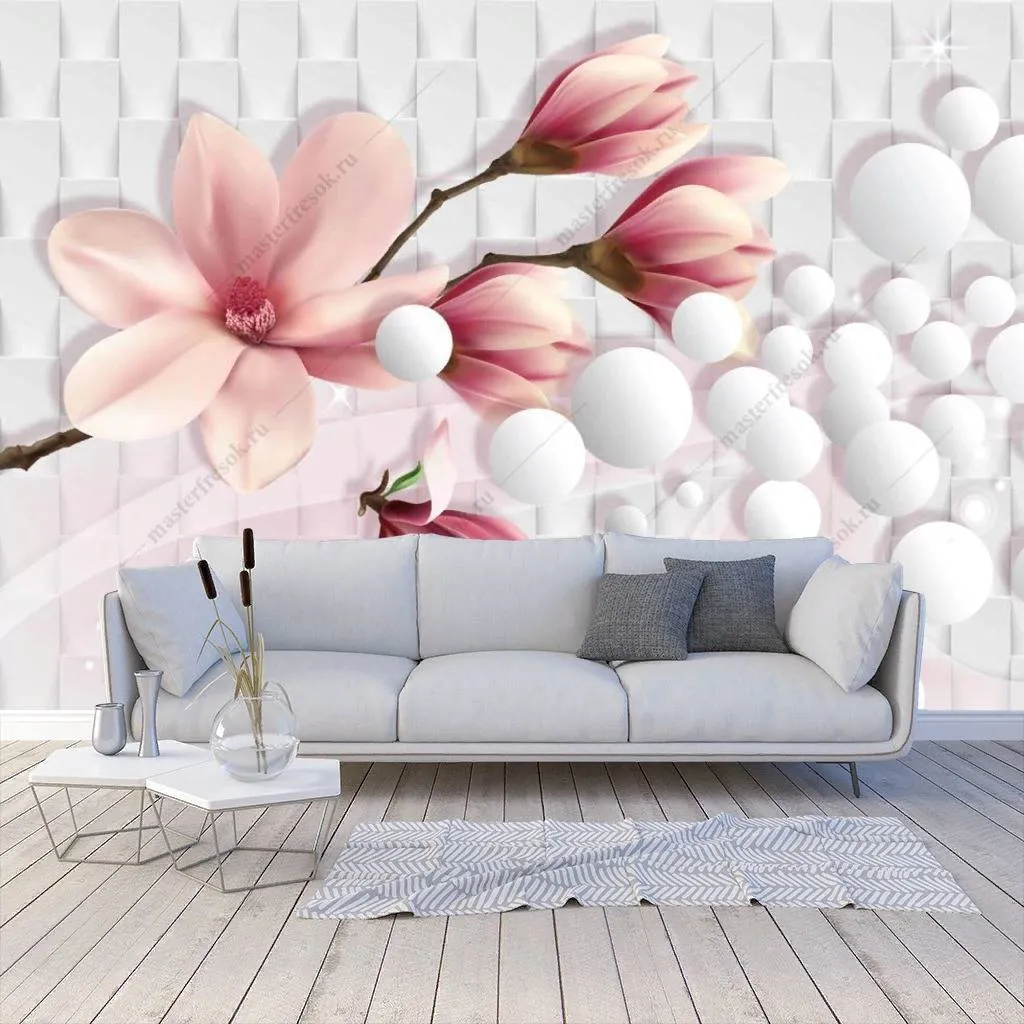 Фотообои в интерьере 3д розовая магнолия  10-831 фото