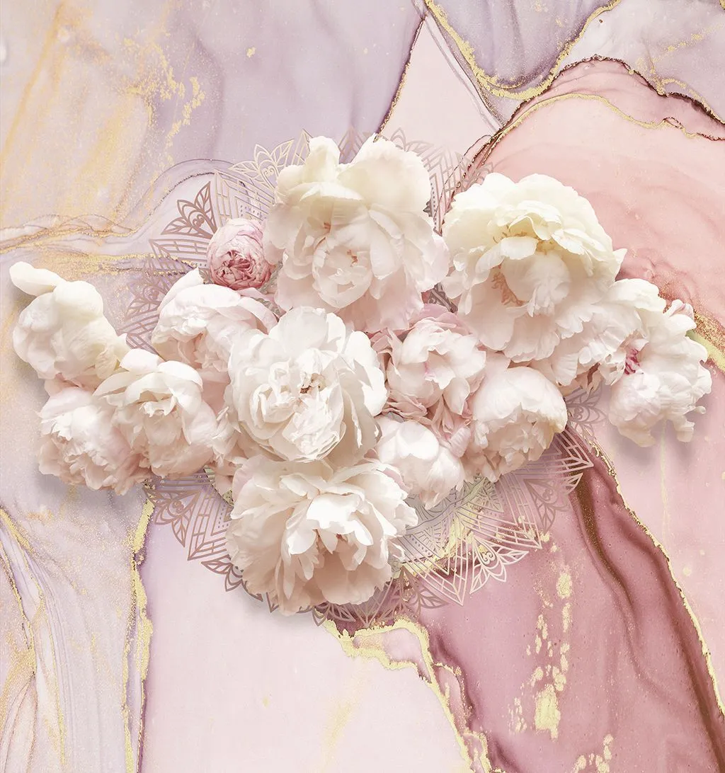 Фотообои в интерьере розовые пионы на мраморе    9-1888 фото