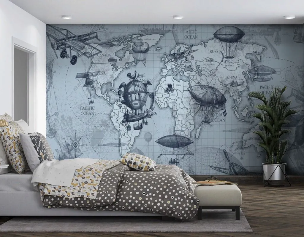 Фотообои Карта мира с летающими аппаратами  9-1697