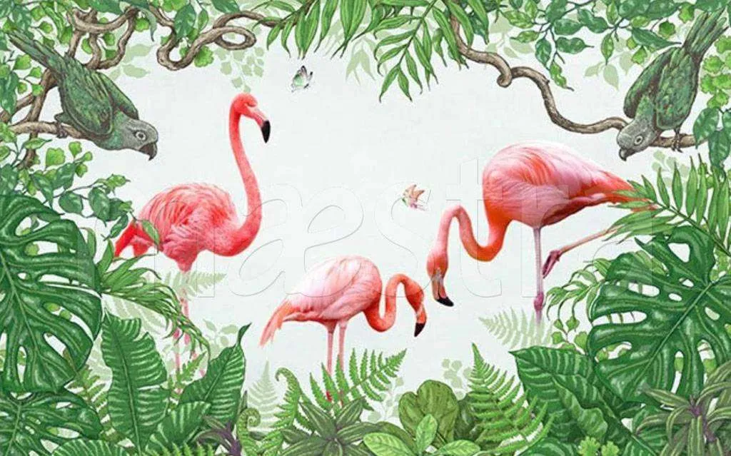 Фотообои в интерьере фламинго в тропиках  15-527 фото