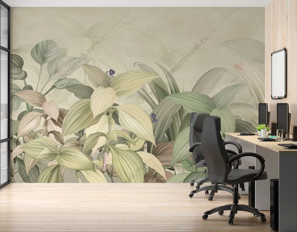 Фотообои в интерьере светлые тропические листья  9-1643 фото