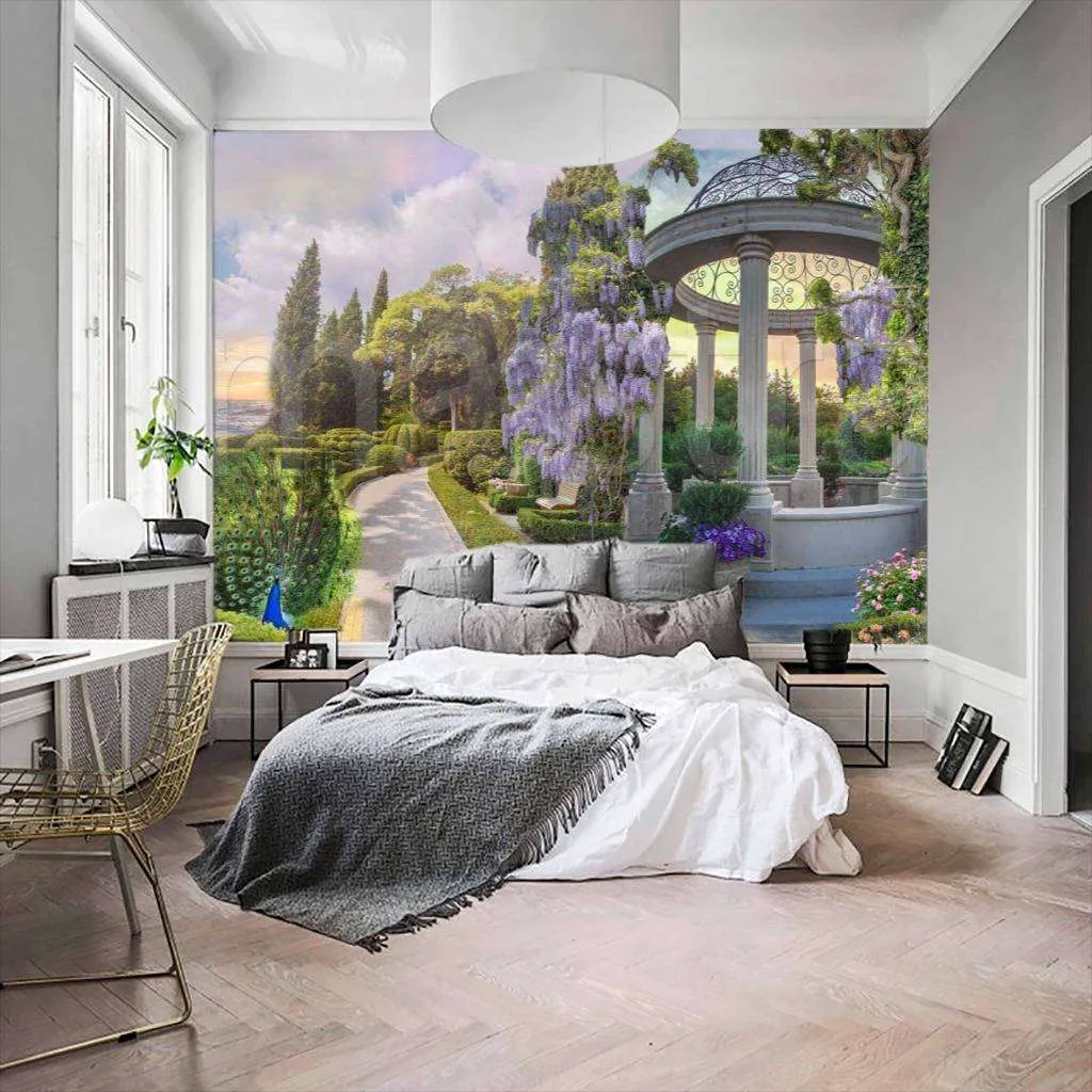 Фотообои в интерьере беседка в парке с павлином  6-023 фото