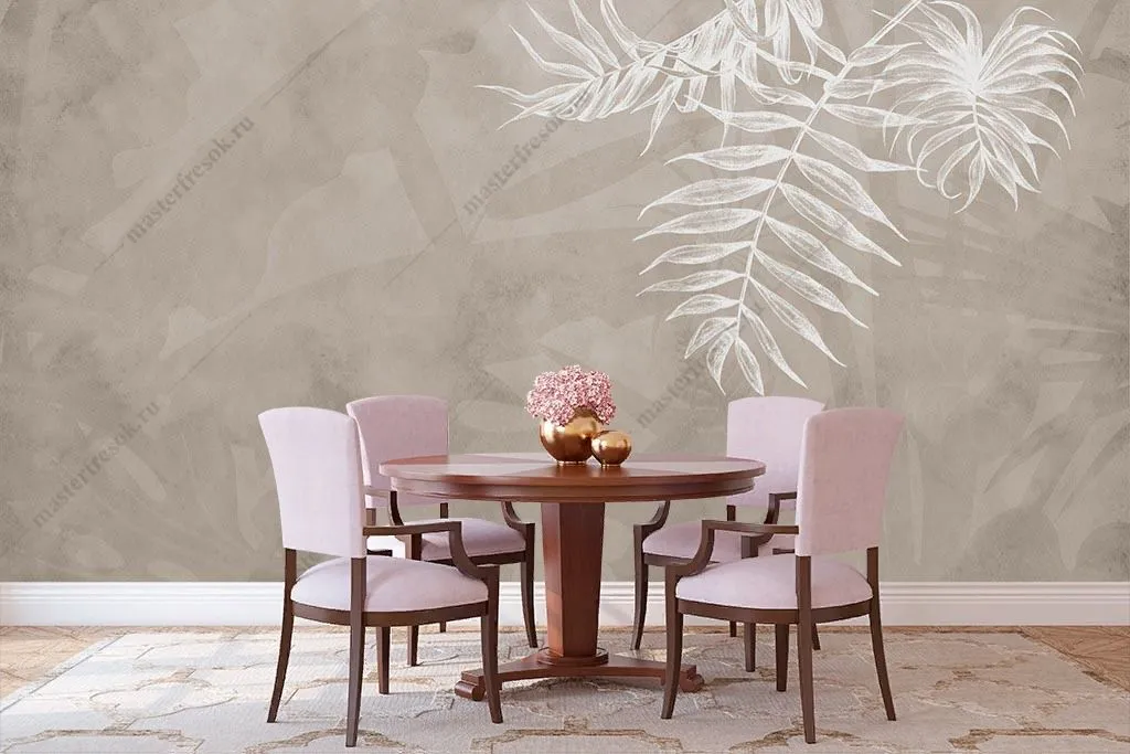 Фотообои в интерьере белые листья на кофейном фоне  14-322 фото