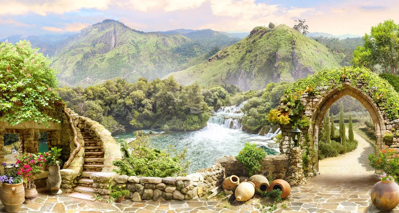 Фотообои в интерьере зеленые горы  19-0186 фото