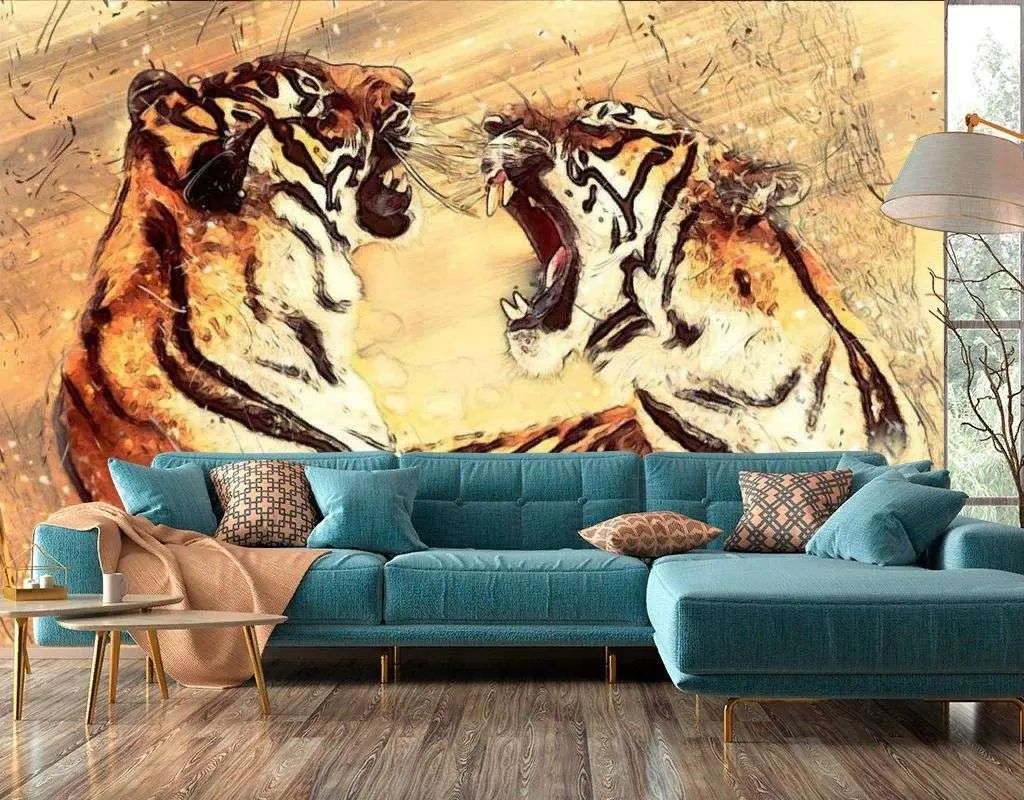 Фотообои в интерьере спор тигров  17-4179 фото