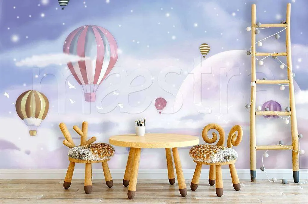 Фотообои в интерьере воздушные шары в розовом небе  12-430 фото