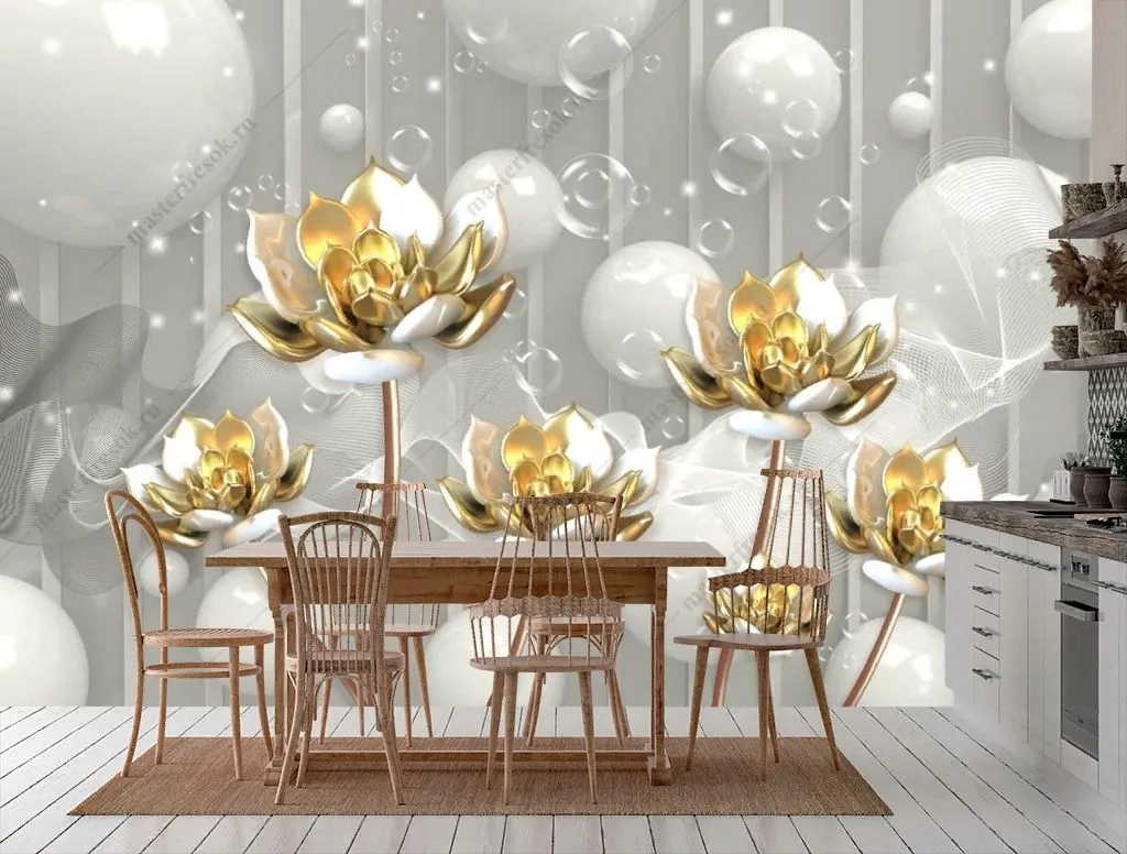Фотообои в интерьере 3д золотые цветы на стену  10-915 фото