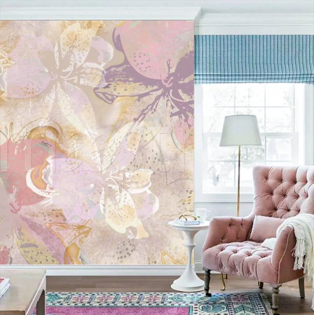 Фотообои в интерьере розовая цветочная абстракция  3-151 фото