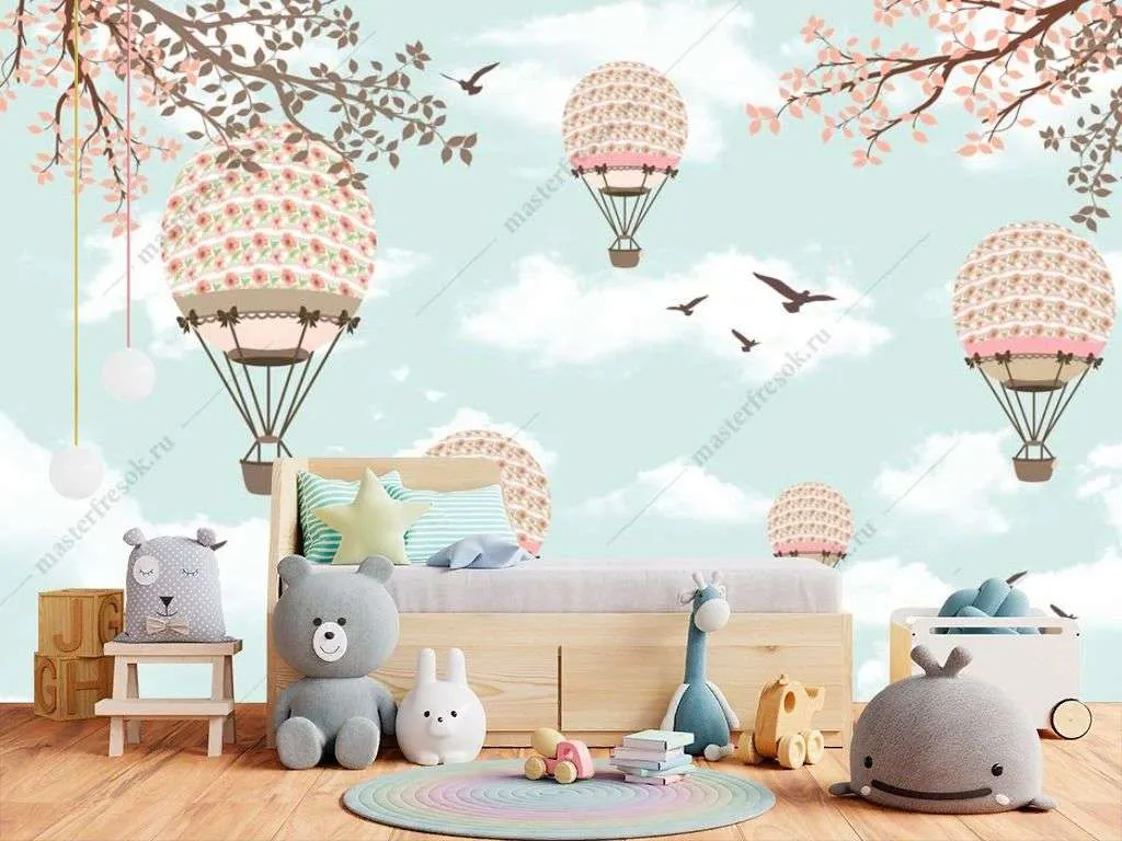 Фотообои в интерьере воздушные шары на голубом небе  14-248 фото