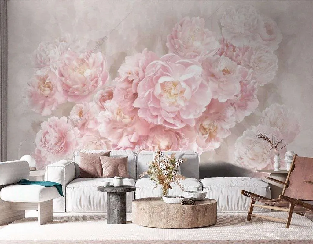 Фотообои в интерьере розовые пионы на стену  14-576 фото