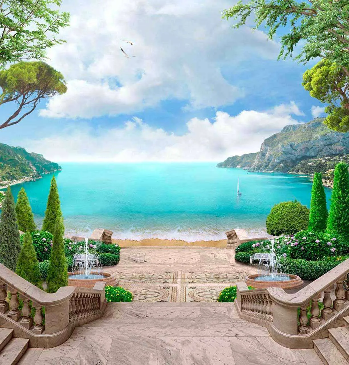 Фотообои в интерьере терраса с выходом к морю  7-705 фото