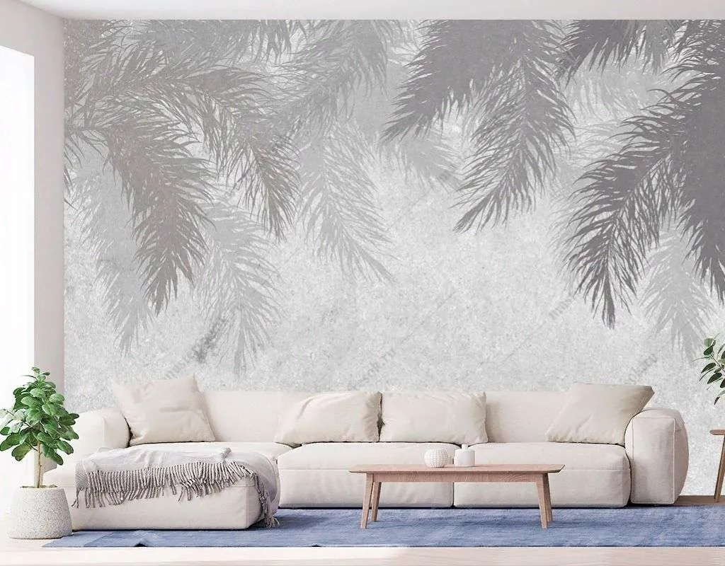 Фотообои в интерьере тёмные перья на сером фоне  9-1717 фото