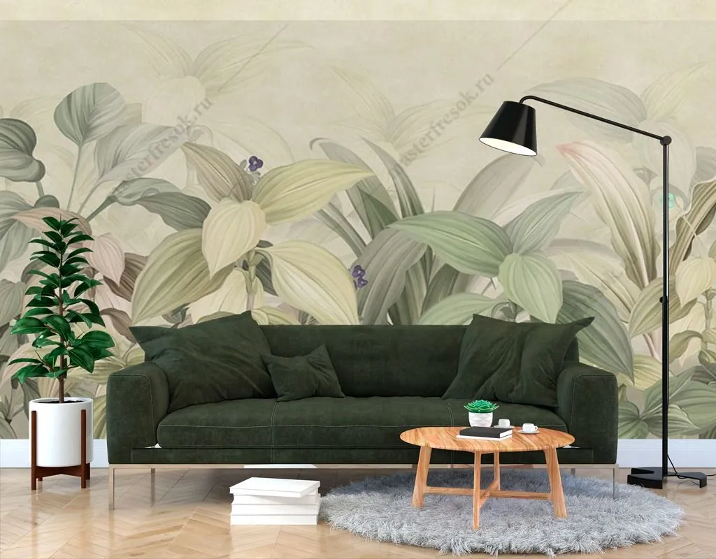 Фотообои в интерьере светлые тропические листья  9-1643 фото