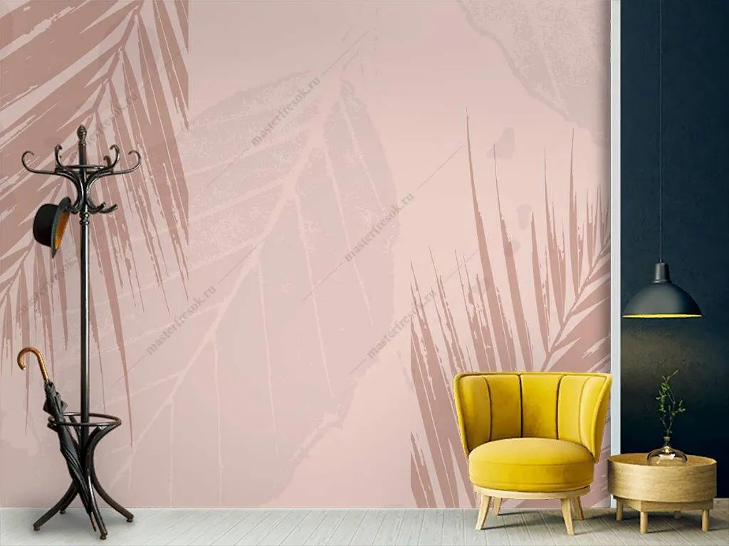 Фотообои в интерьере листья на розовом фоне  9-1116 фото