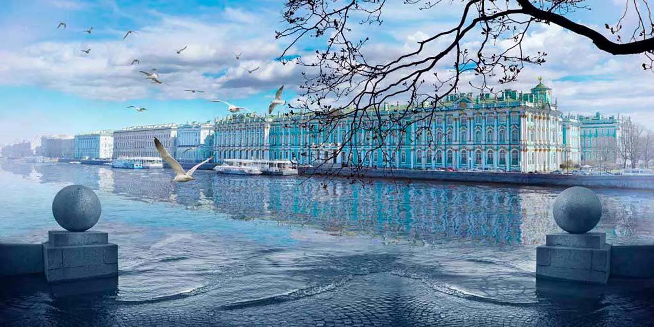 Фотообои в интерьере вид на эрмитаж  7-505 фото