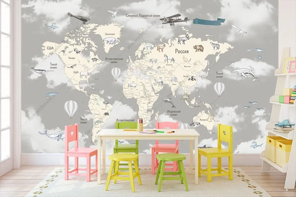 Фотообои Белая карта с названиями стран  14-282