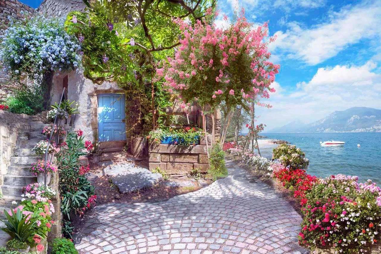 Фотообои в интерьере улочки прованса с цветами  7-174 фото