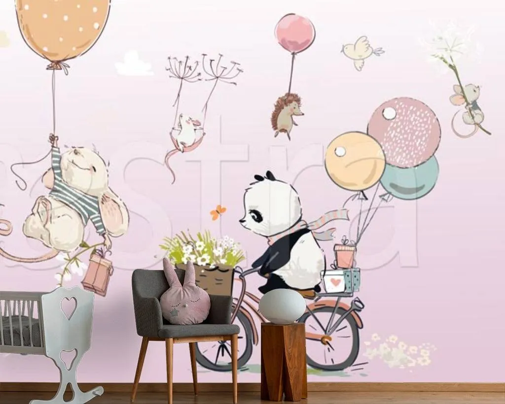 Фотообои Звери на шарах на розовом фоне  12-333