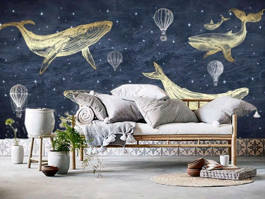 Фотообои в интерьере киты на синем фоне  14-165 фото