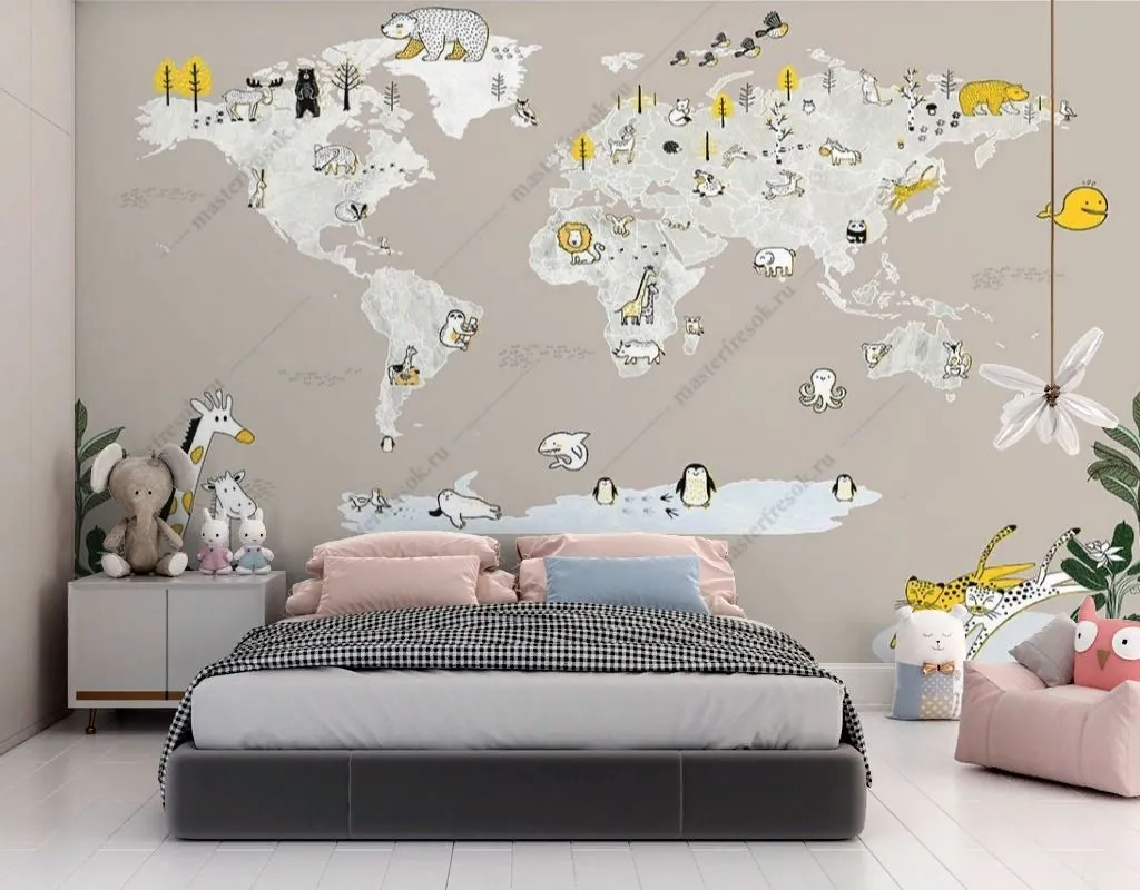 Фотообои Карта для малышей с милыми зверятами  12-1543