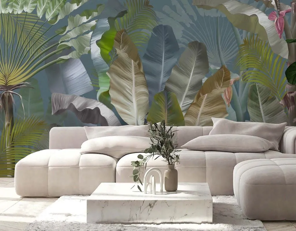 Фотообои в интерьере в гостиную банановые листья   13-676 фото