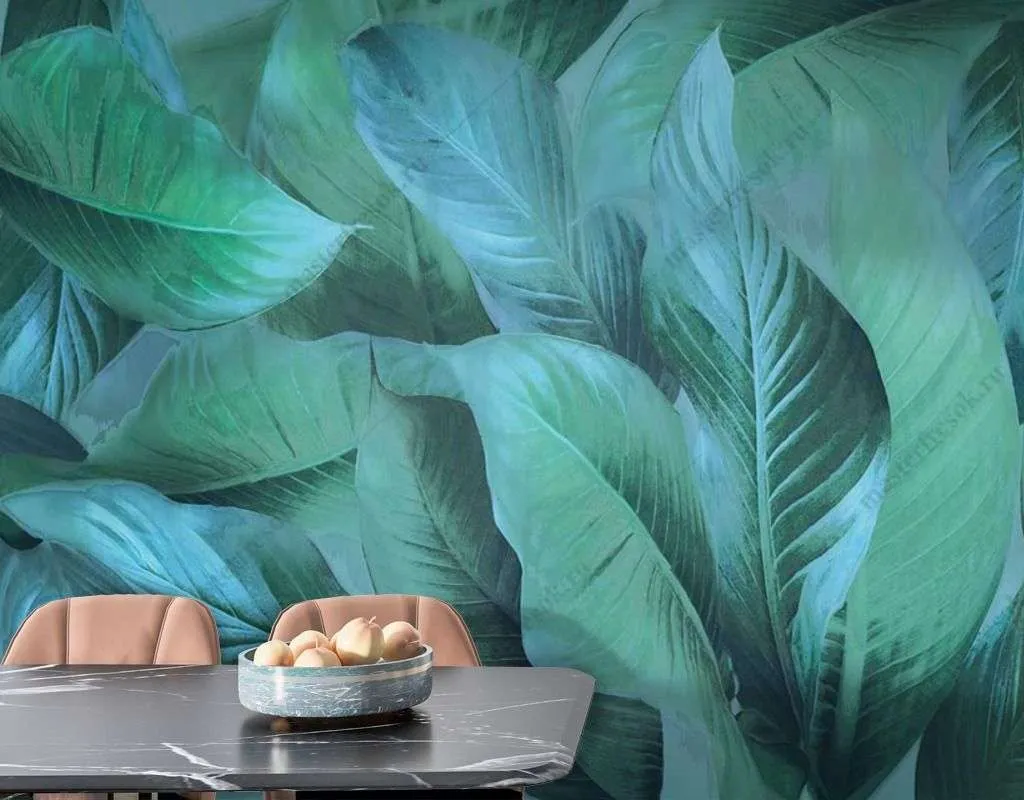 Фотообои в интерьере зеленые тропические листья  13-399 фото