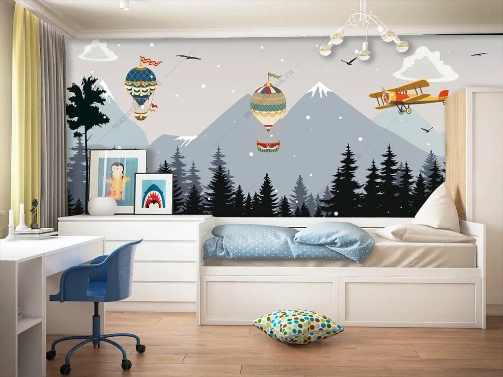 Фотообои в интерьере воздушные шары и самолёт в ночи  12-1549 фото