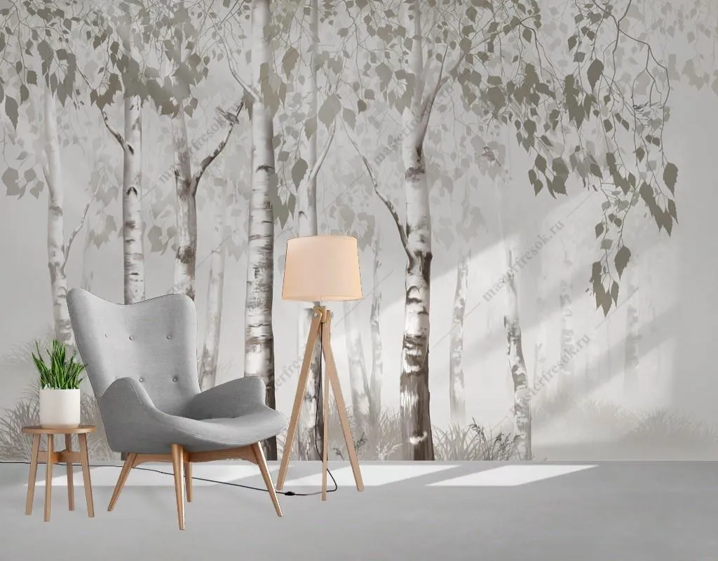 Фотообои в интерьере березовый лес серый  13-620 фото