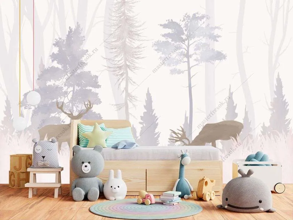 Фотообои в интерьере лес светлый с оленями  14-359 фото