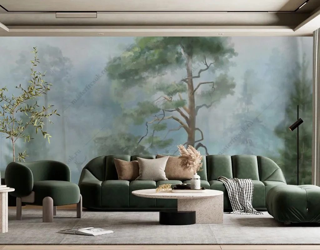 Фотообои в интерьере хвойный лес утром  13-461 фото