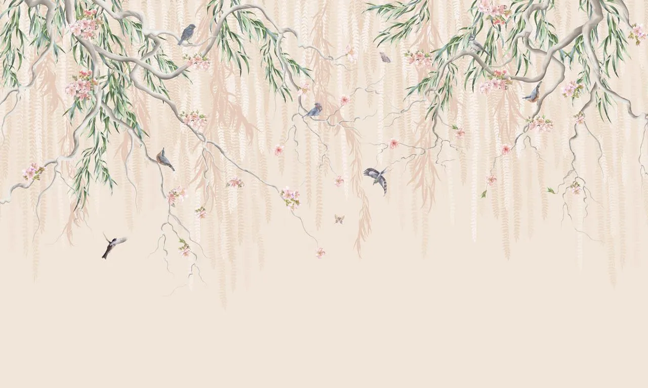Фотообои в интерьере нежные веточки с птицами  13-721 фото