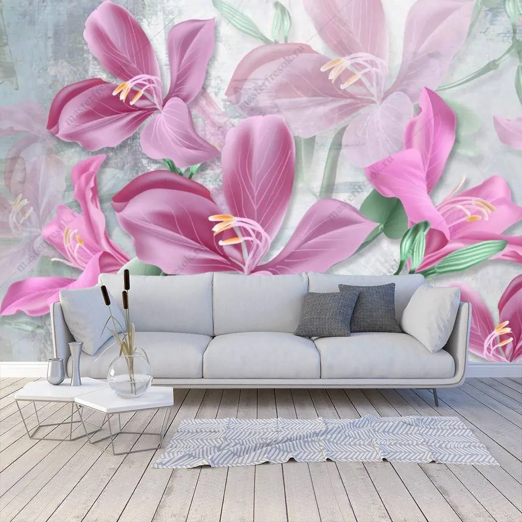 Фотообои в интерьере 3д ярко розовые лилии  10-859 фото