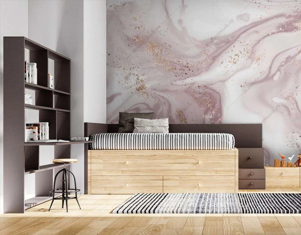 Фотообои в интерьере пудровый флюид с золотом  9-1560 фото