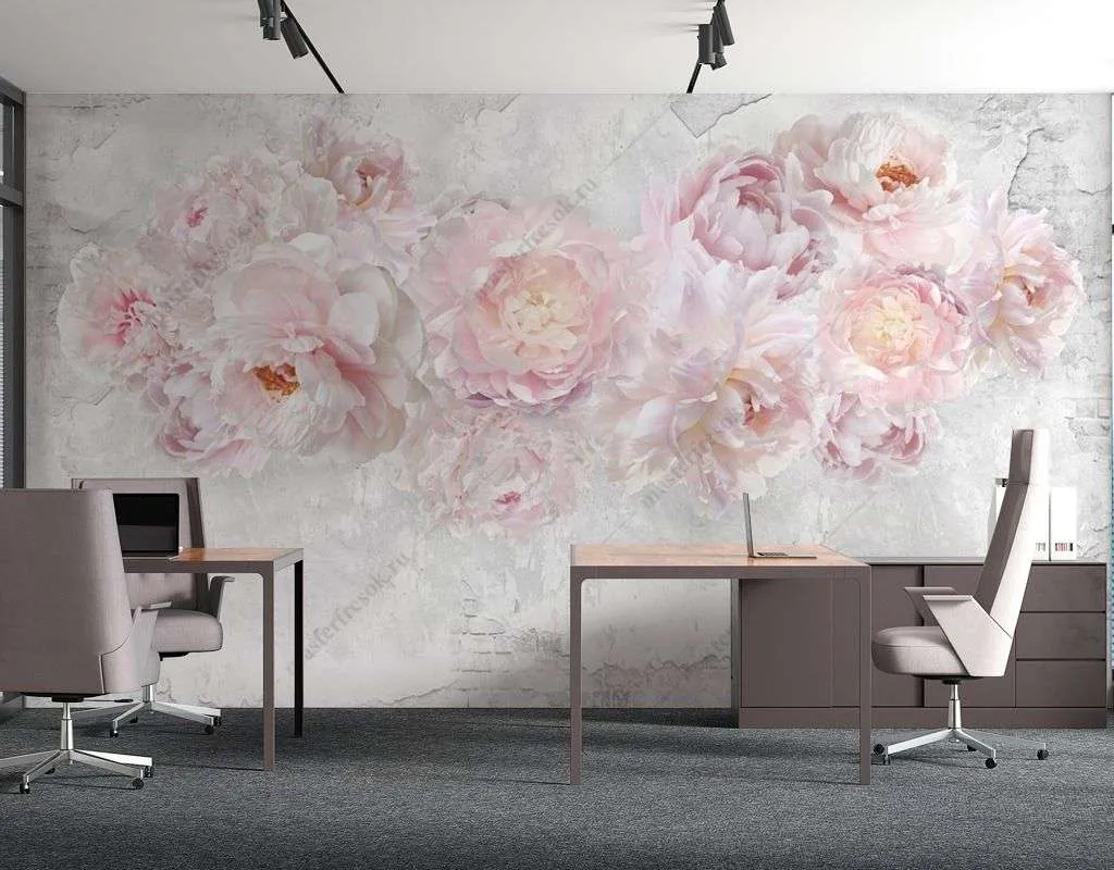 Фотообои в интерьере пионы на мраморном фоне  14-369 фото