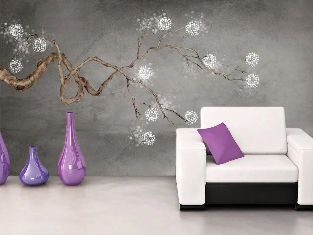 Фотообои в интерьере веточка с белыми цветами  15-897 фото