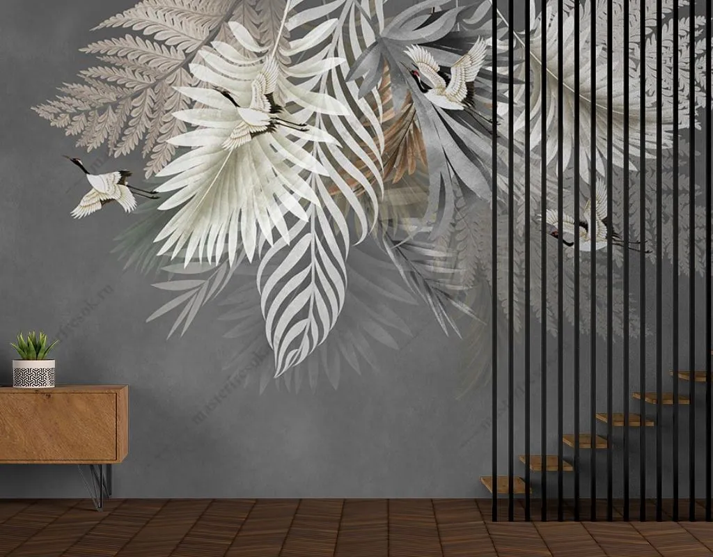 Фотообои в интерьере пальмовые листья на сером фоне  9-1620 фото