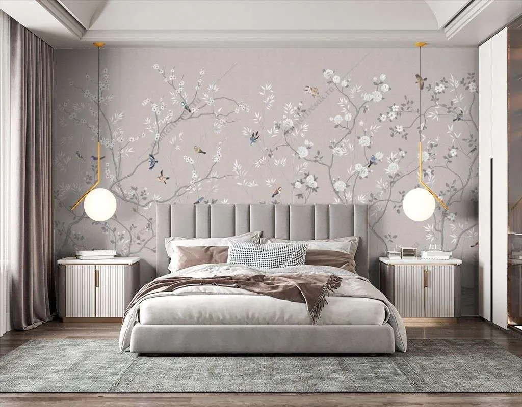 Фотообои в интерьере сакура и птички  14-575 фото