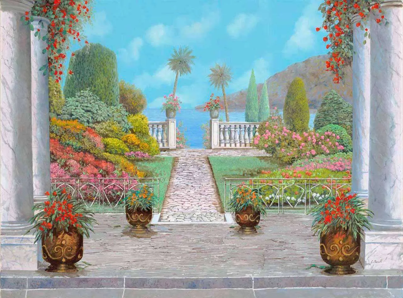 Фотообои в интерьере вид на колонны с выходом к морю  8-057 фото