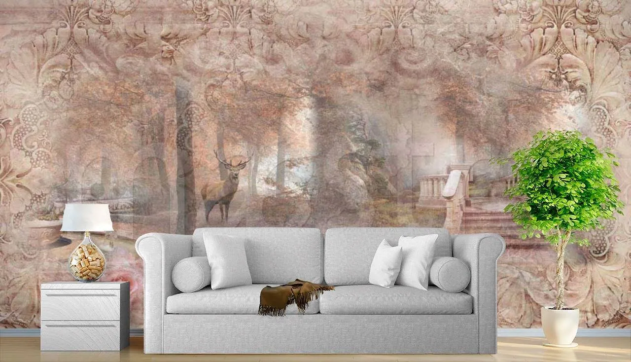 Фотообои в интерьере утренний лес сад в розовых тонах  7-322 фото