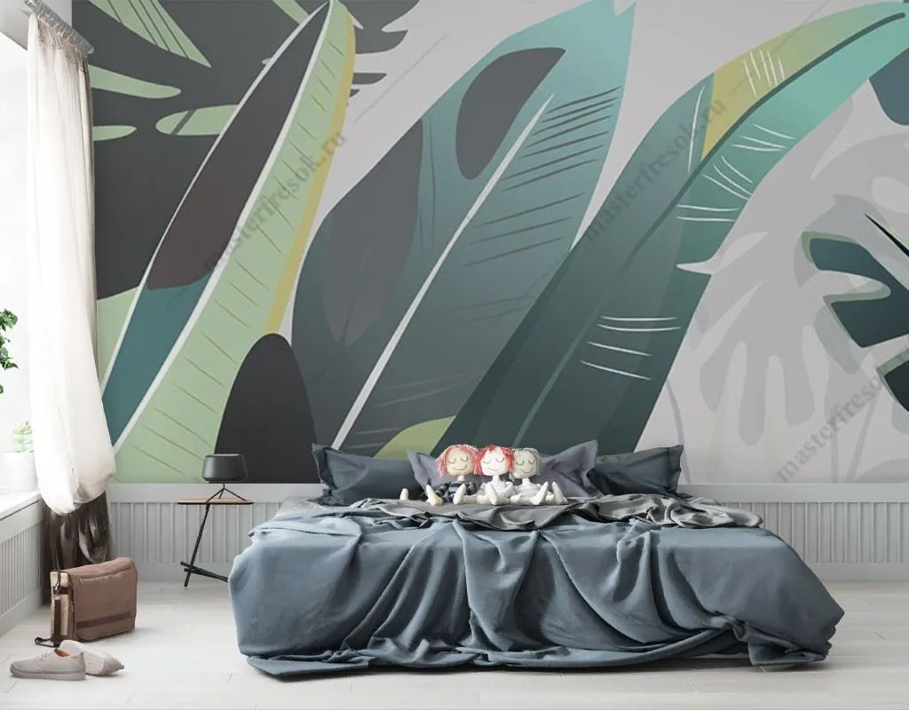 Фотообои в интерьере иллюстрация тропические листья  9-1813 фото