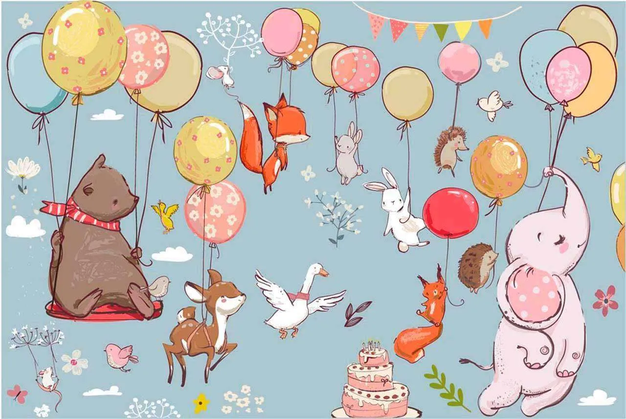 Фотообои в интерьере звери на шарах летят на голубом фоне  12-339 фото